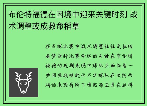 布伦特福德在困境中迎来关键时刻 战术调整或成救命稻草