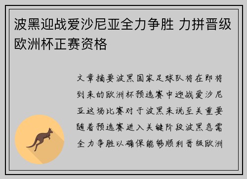 波黑迎战爱沙尼亚全力争胜 力拼晋级欧洲杯正赛资格