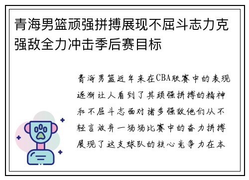 青海男篮顽强拼搏展现不屈斗志力克强敌全力冲击季后赛目标