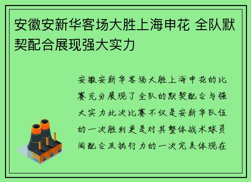 安徽安新华客场大胜上海申花 全队默契配合展现强大实力