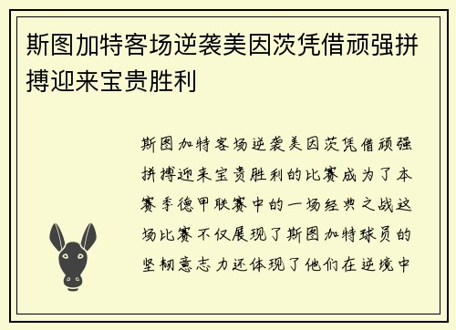斯图加特客场逆袭美因茨凭借顽强拼搏迎来宝贵胜利