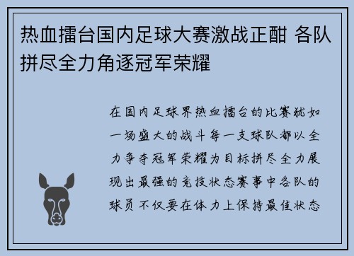 热血擂台国内足球大赛激战正酣 各队拼尽全力角逐冠军荣耀