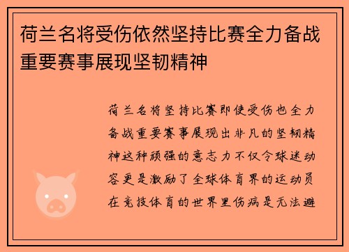 荷兰名将受伤依然坚持比赛全力备战重要赛事展现坚韧精神